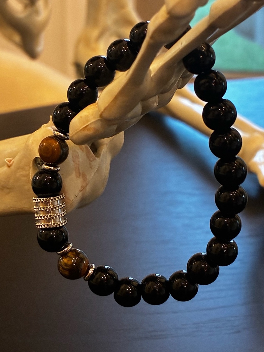 Men’s Black Beaded Stretch Bracelet with Tiger Eye Accents 18.5cms-19.5cms